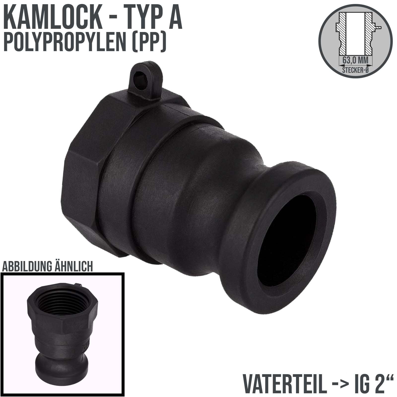 Kamlock Typ A - Vaterteil PP Polypropylen - 63,0 mm Stecker mit Innengewinde (IG) 2" Zoll DN 50  - PN 6 bar