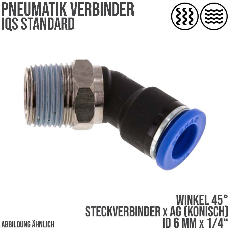 6 mm x 1/4" Pneumatik Steck Verbinder Winkel 45° IQS Außengewinde konisch - PN 20 bar