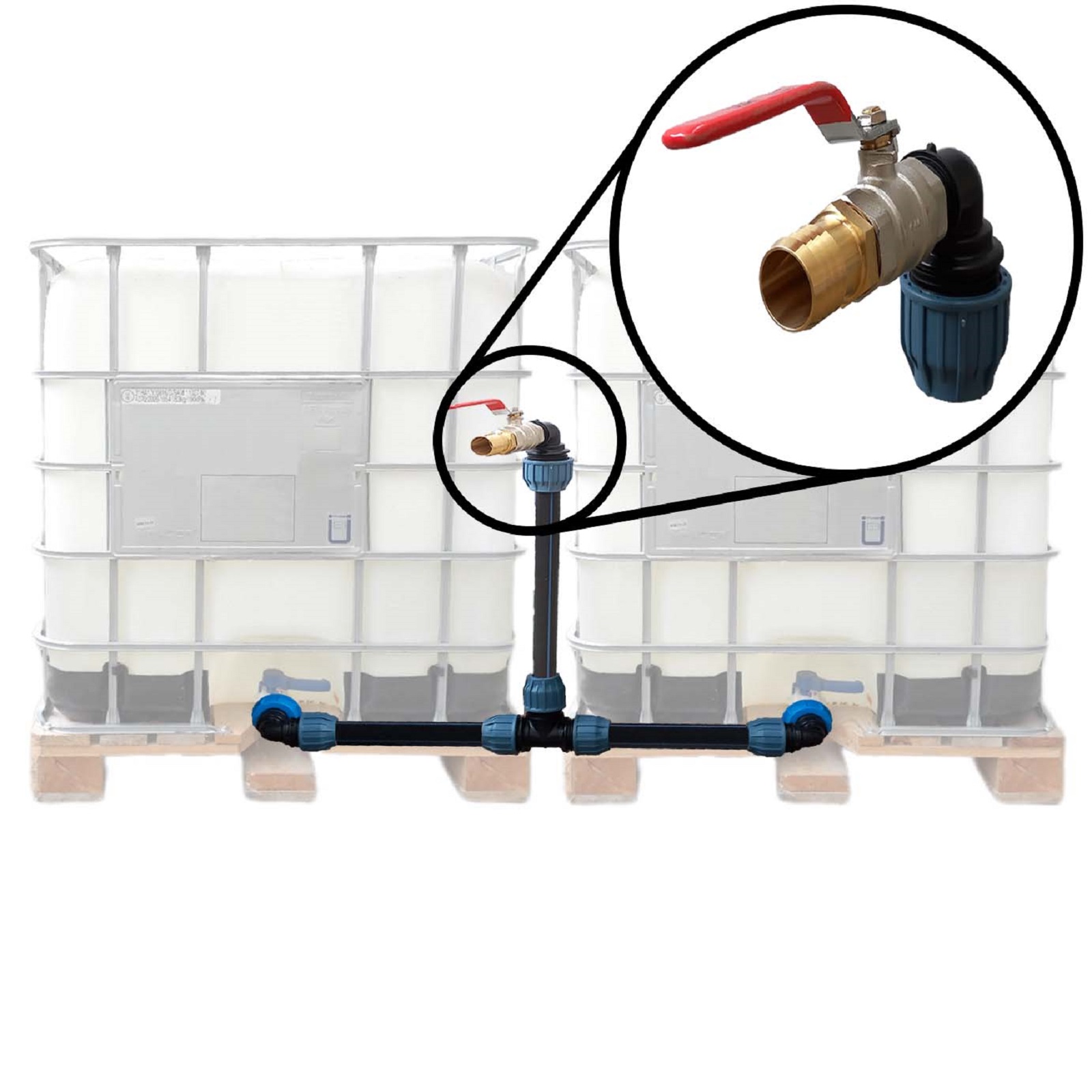 IBC Container Tankverbinder Anschluss Set 32 mm nebeneinander Schwanenhals Kugelhahn + Messing Tülle 19mm (3/4'')