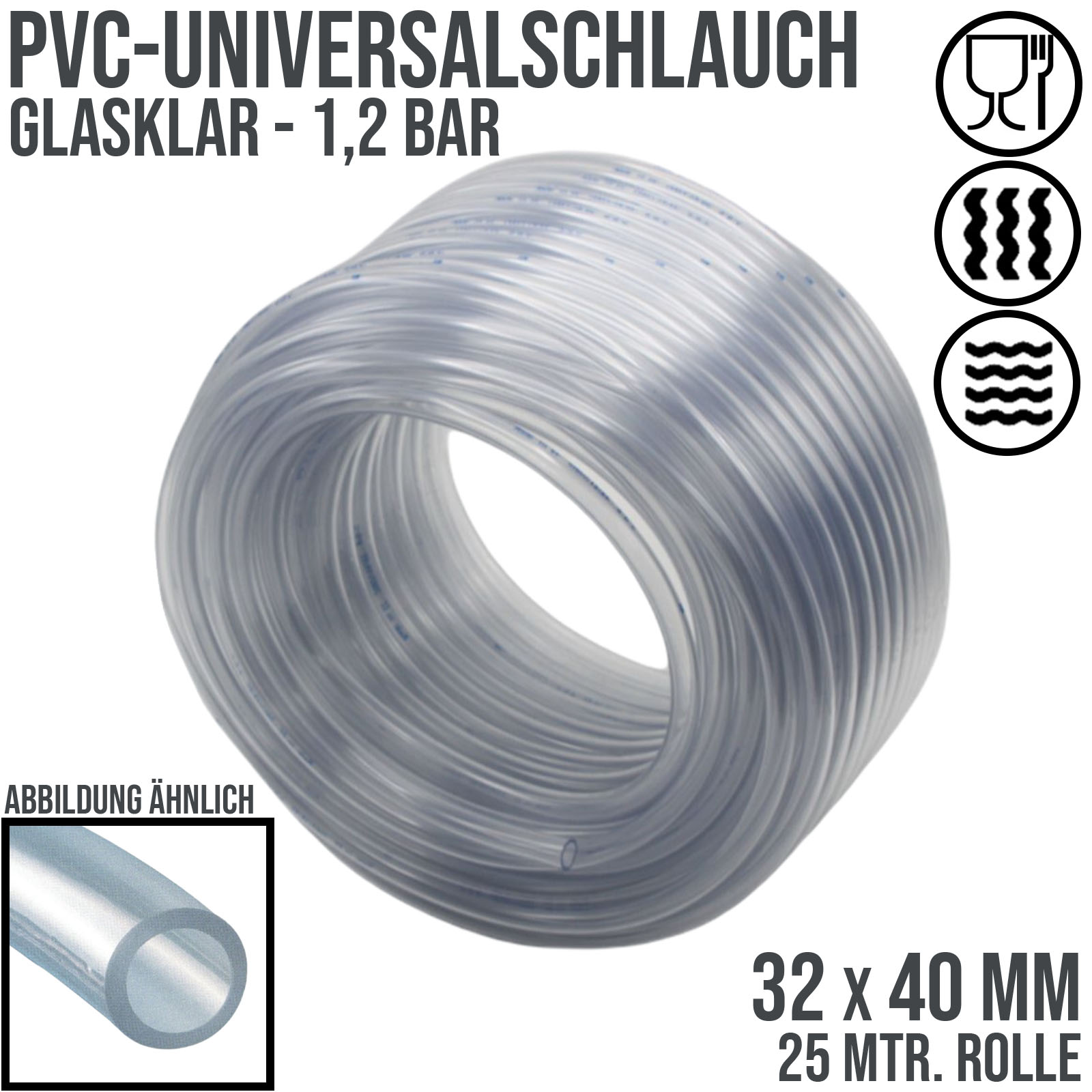 32 x 40 mm PVC Luft Filter Wasser Universal Labor Aquarium Terrarium Schlauch klar durchsichtig - PN 1,2 bar  - 25 m