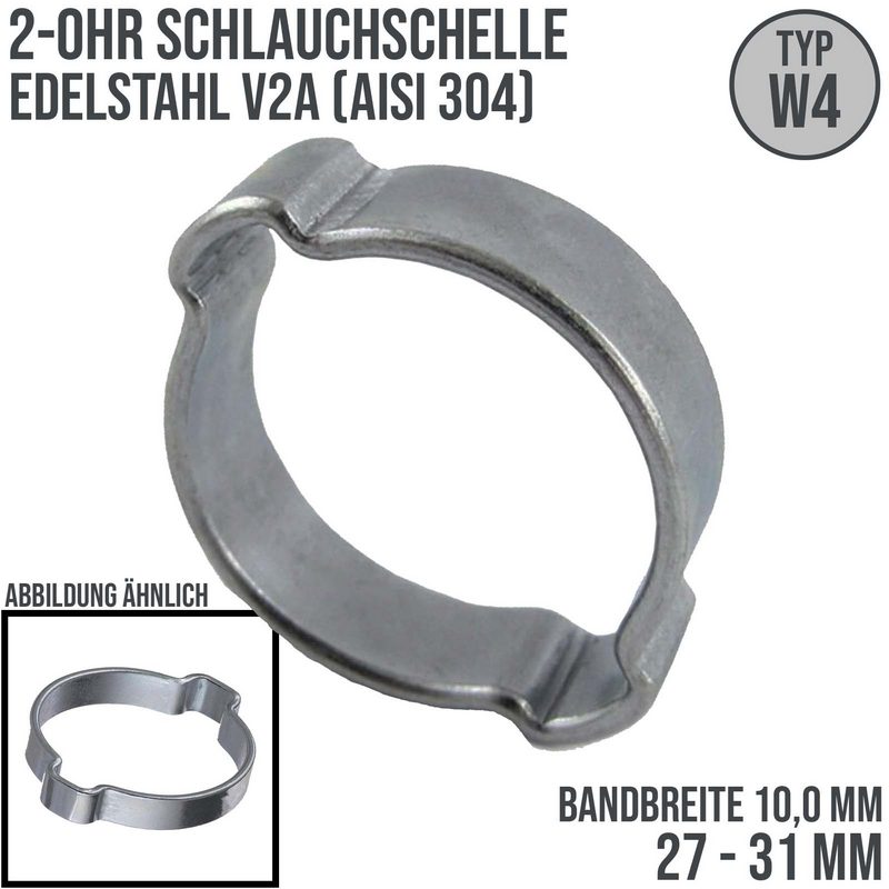 27 - 31 mm 2-Ohr Doppel Schlauch Schelle Edelstahl 1.4307 W4 - Bandbr. 10,0 mm