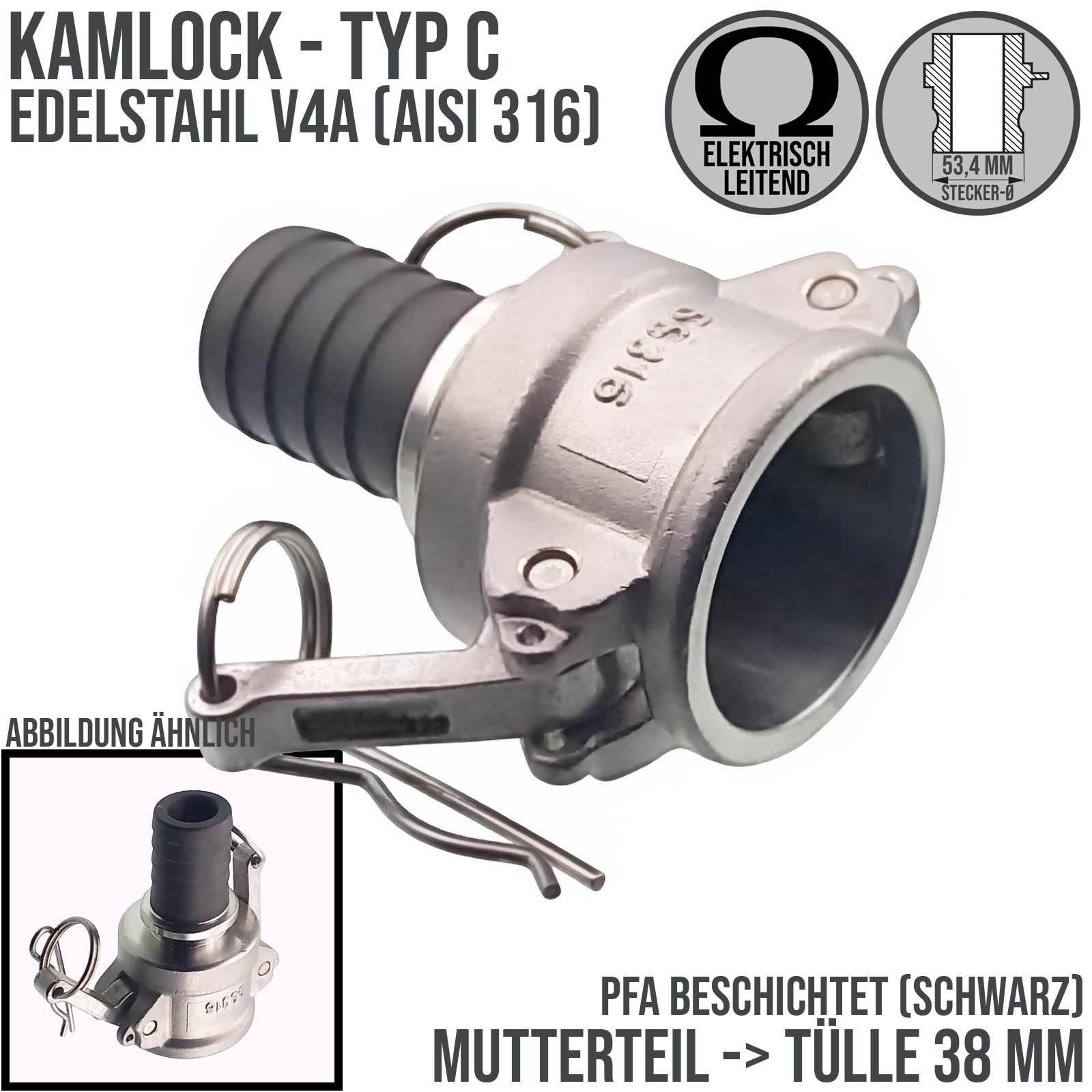 Kamlock Typ C - Mutterteil (53,4 mm) Edelstahl V2A (AISI 316) -> gerillter Stutzen DN 38 mm PFA beschichtet - PN 25 bar