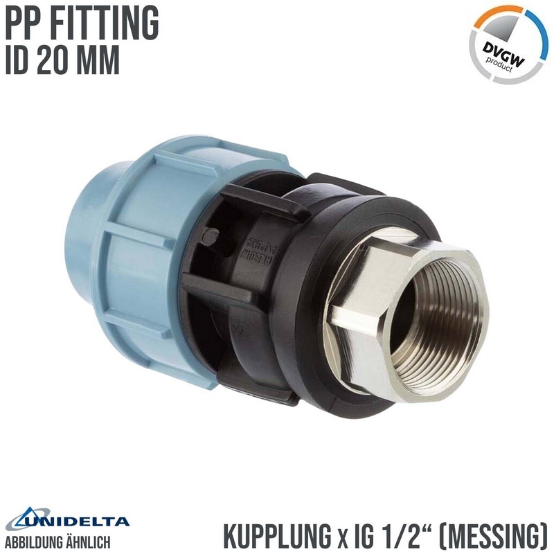 20 mm x 1/2" PE PP Fitting Klemm Verbinder Muffe Rohr Kupplung x Messing IG DVGW - Unidelta
