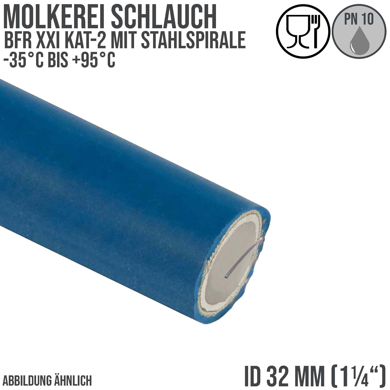 32 mm 1 1/4" Molkerei Milch Lebensmittel Schlauch Stahlspirale BfR FDA NBR NVC blau weiß - PN 10 bar - 40 m Rolle 