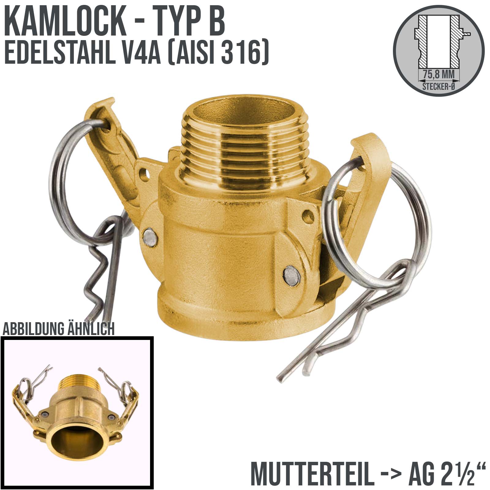 Kamlock Typ B - Mutterteil (75,8 mm) Messing MS mit Außengewinde (AG) 2 1/2" Zoll DN63 DN65 - PN 17 bar