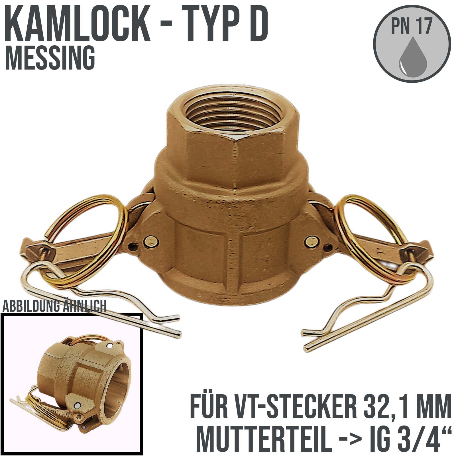 Kamlock Typ D - Mutterteil Messing MS mit Innengewinde (IG) für Stecker 32,1 mm - 3/4" Zoll DN19 DN20 - PN 17 bar