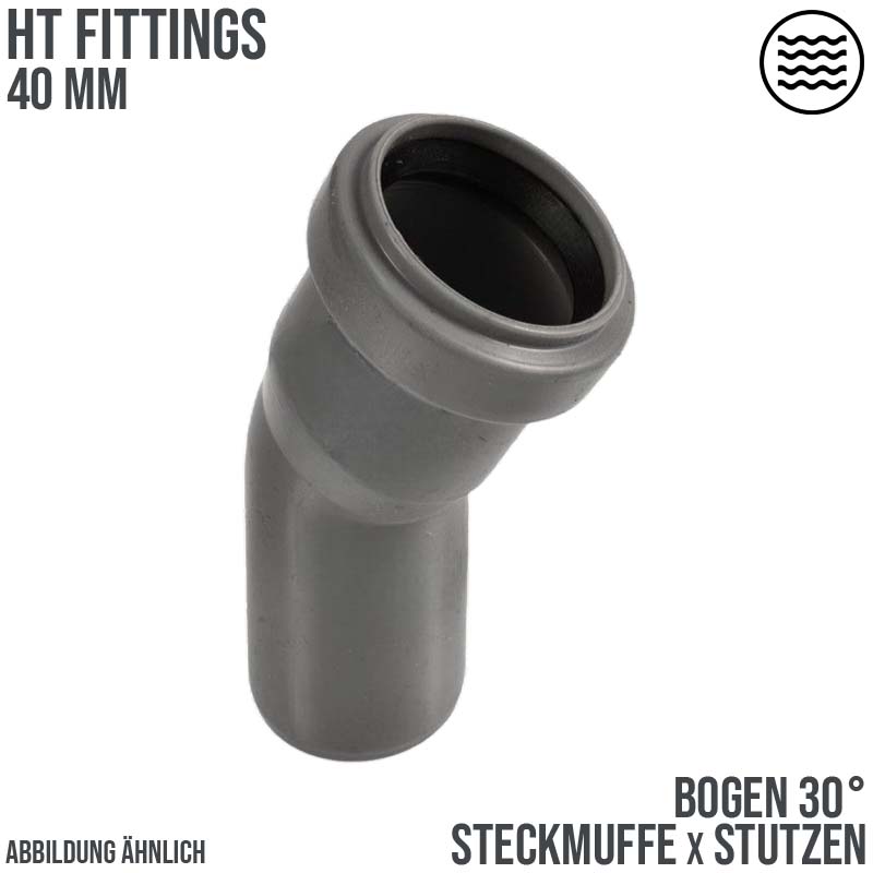 40 mm PP Bogen 30° Abzweig Abfluß Abwasser HT KG Rohr Steckmuffe x Stutzen grau