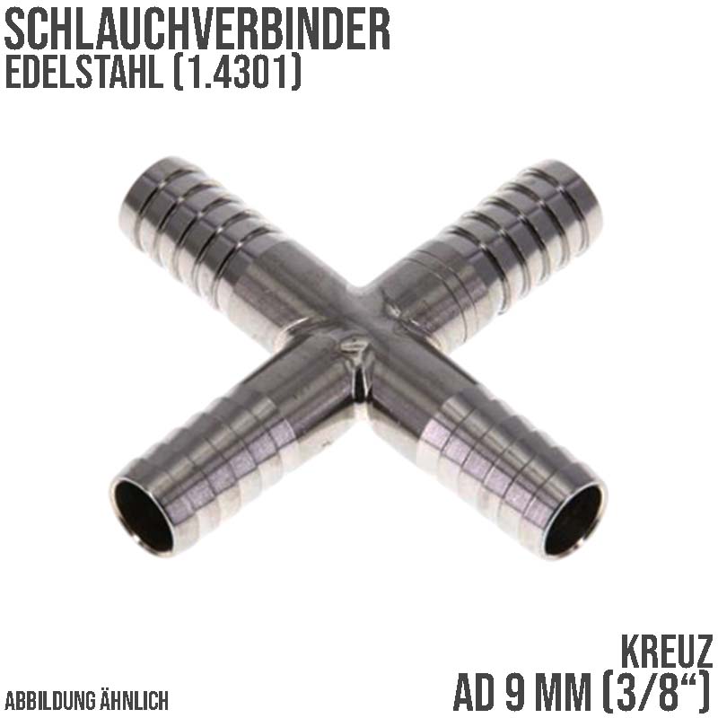 9 mm - 3/8" Zoll Kreuz Schlauch Verbinder Verteiler Tülle Kupplung Reparatur Edelstahl VA 1.4301