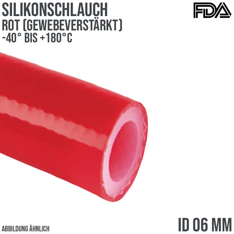 6 x 12 mm Silikon Silicon Schlauch Gewebe rot lebensmittelecht FDA PN 20 bar