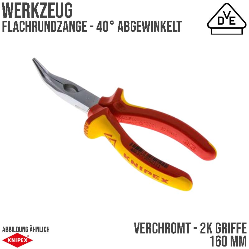 160 mm Flachrund Zange VDE 40° abgewinkelte Backen verchromt 2K Griffe Knipex