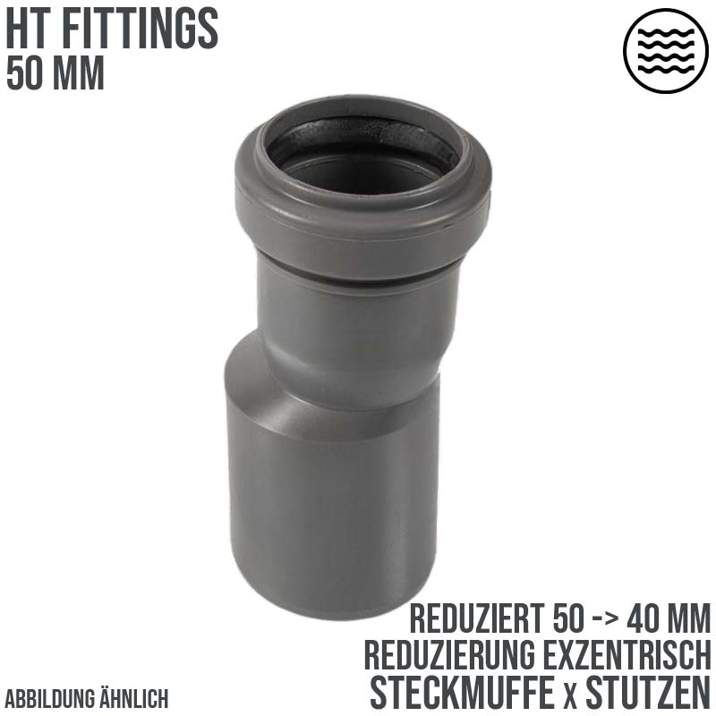 50 x 40 mm PP Reduzierstück exzentrisch Abfluß Abwasser HT KG Rohr Stutzen Muffe grau