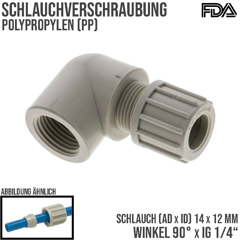 14 x 12 mm x 1/4" Winkel 90° Kupplung Innengewinde PA PP Schlauch Verbinder FDA - PN 10 bar