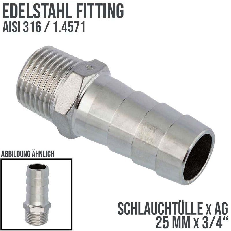 25 mm x 3/4" Zoll Schlauch Tülle Stutzen Außengewinde AG Nippel Edelstahl AISI 316 VA  Fitting - PN 20 bar