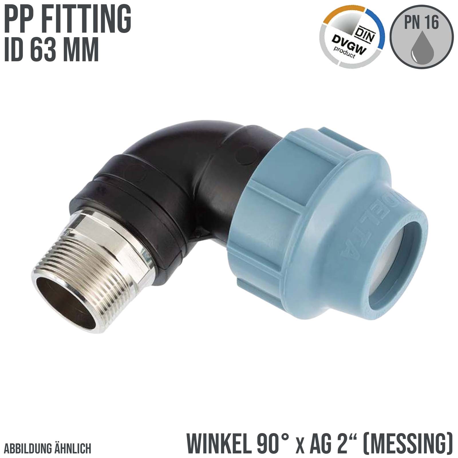 63 mm x 2" PE PP Fitting Klemm Verbinder Rohr Winkel 90° x Messing AG DVGW - Unidelta 