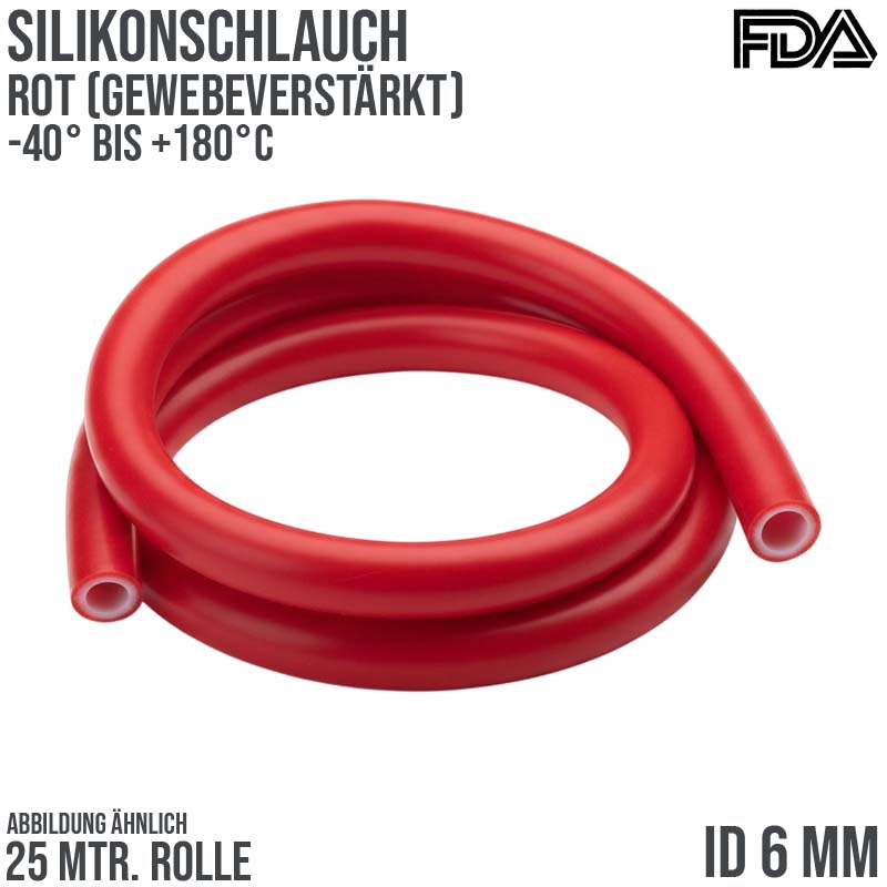 6 x 12 mm Silikon Silicon Schlauch Gewebe rot lebensmittelecht FDA PN 20 bar - 25 m