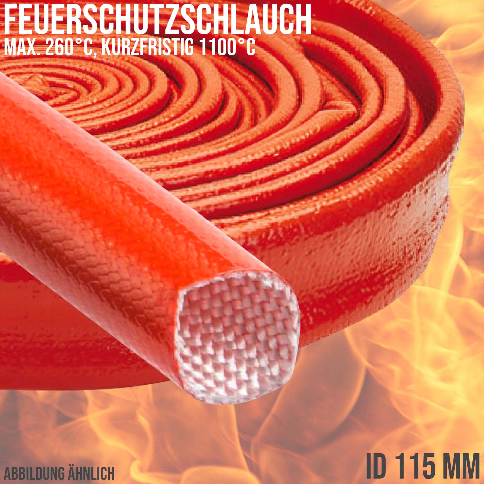 115 x 6,0 mm Feuer Flamm Brand Schutz Schlauch Silikon Fiberglas DN rot EN 45545 DIN5510-2 - 15 m
