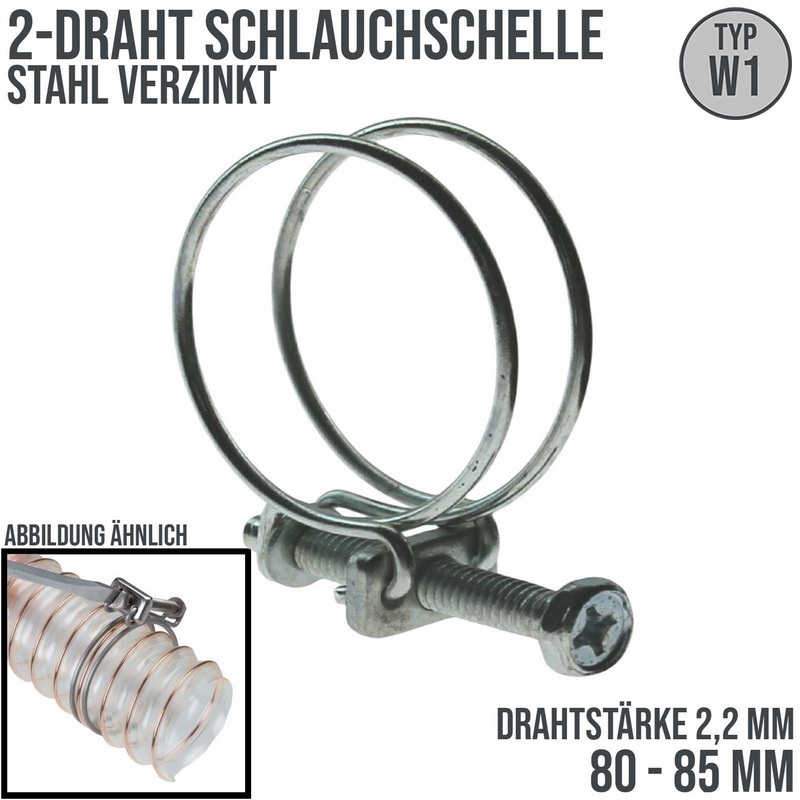 80 - 85 mm 2-Draht Schlauch Schelle W1 Stahl verzinkt Schraube M6 x 50 Draht 2,2 mm