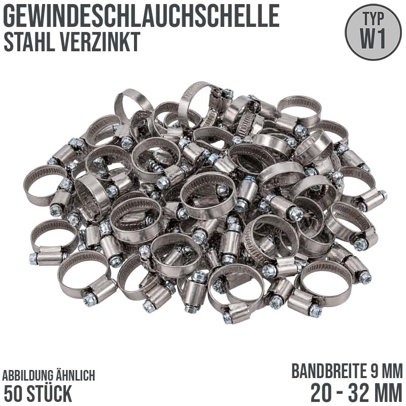 20 - 32 mm Schlauchschelle W1 Stahl verzinket Rohr Gewinde Schelle (Band 9 mm) - 50 Stück