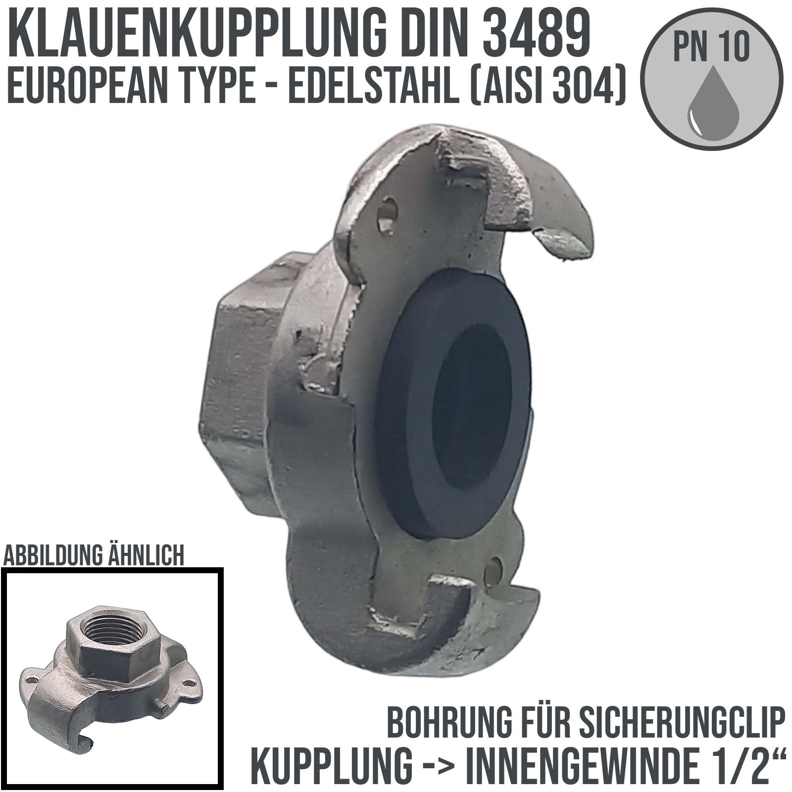 3/4" Klauen Kupplung Edelstahl AISI 304 European Type Abstand 42 mm Bohrung Innengewinde IG - PN 10 bar