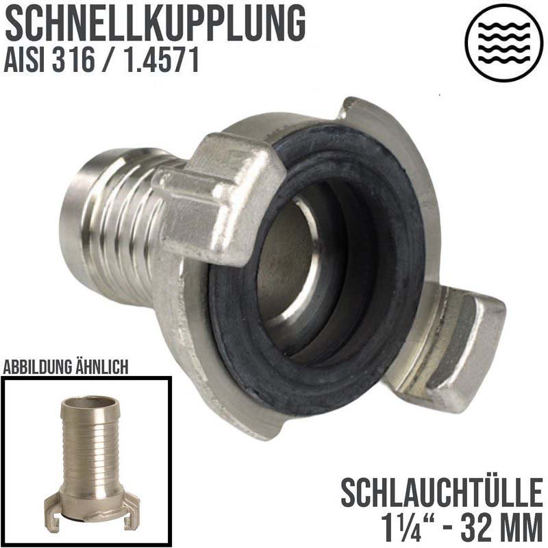 1 1/4"  32 mm Edelstahl AISI 316 Schlauch Schnell Kupplung Tülle (GEKA kompatibel) - PN 12 bar