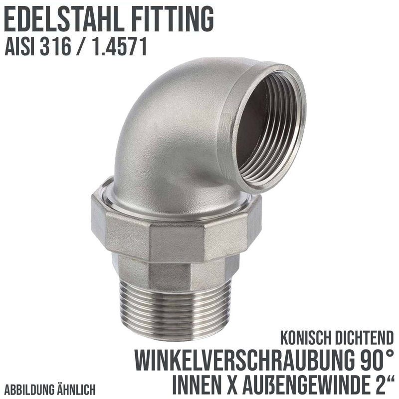 2" Edelstahl Fitting V4A AISI 316 Winkelverschraubung 90° Innen x Außengewinde IG x AG konisch dichtend - PN 16 bar