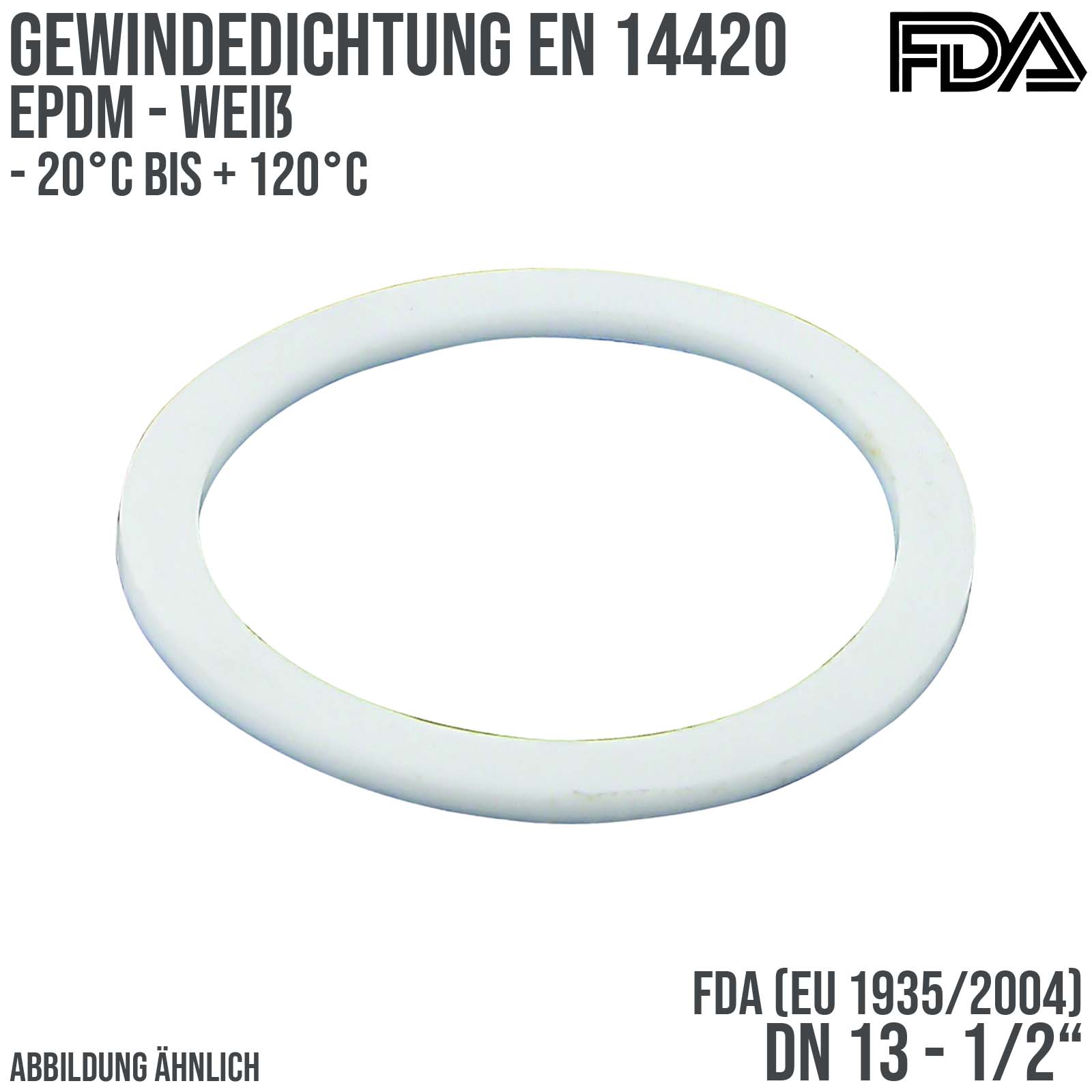 1/2" Zoll Gewindedichtung EN 14420 EPDM weiß FDA EU 1935/2004 DN 13