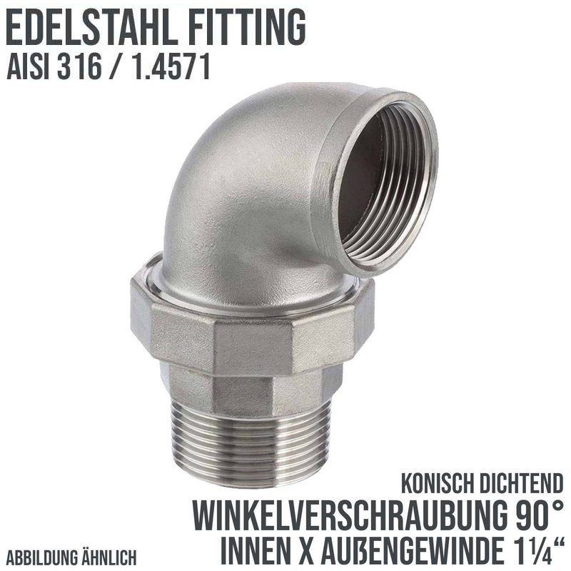 1 1/4" Edelstahl Fitting V4A AISI 316 Winkelverschraubung 90° Innen x Außengewinde IG x AG konisch dichtend - PN 16 bar