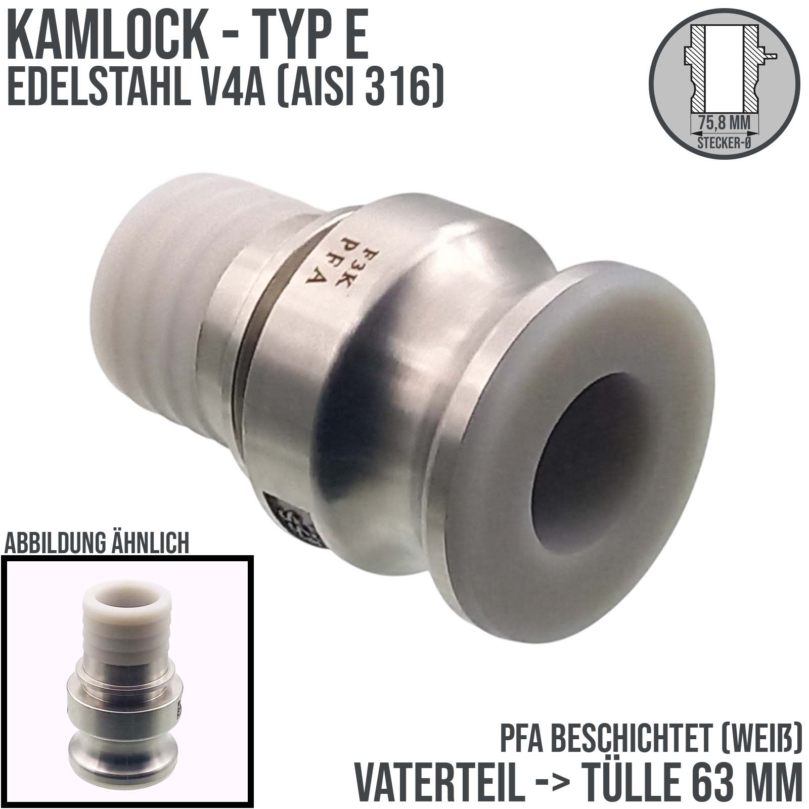 Kamlock Typ E - Vaterteil (75,8 mm) Edelstahl V2A (AISI 316) -> gerillter Stutzen DN 63 mm PFA beschichtet - PN 25 bar