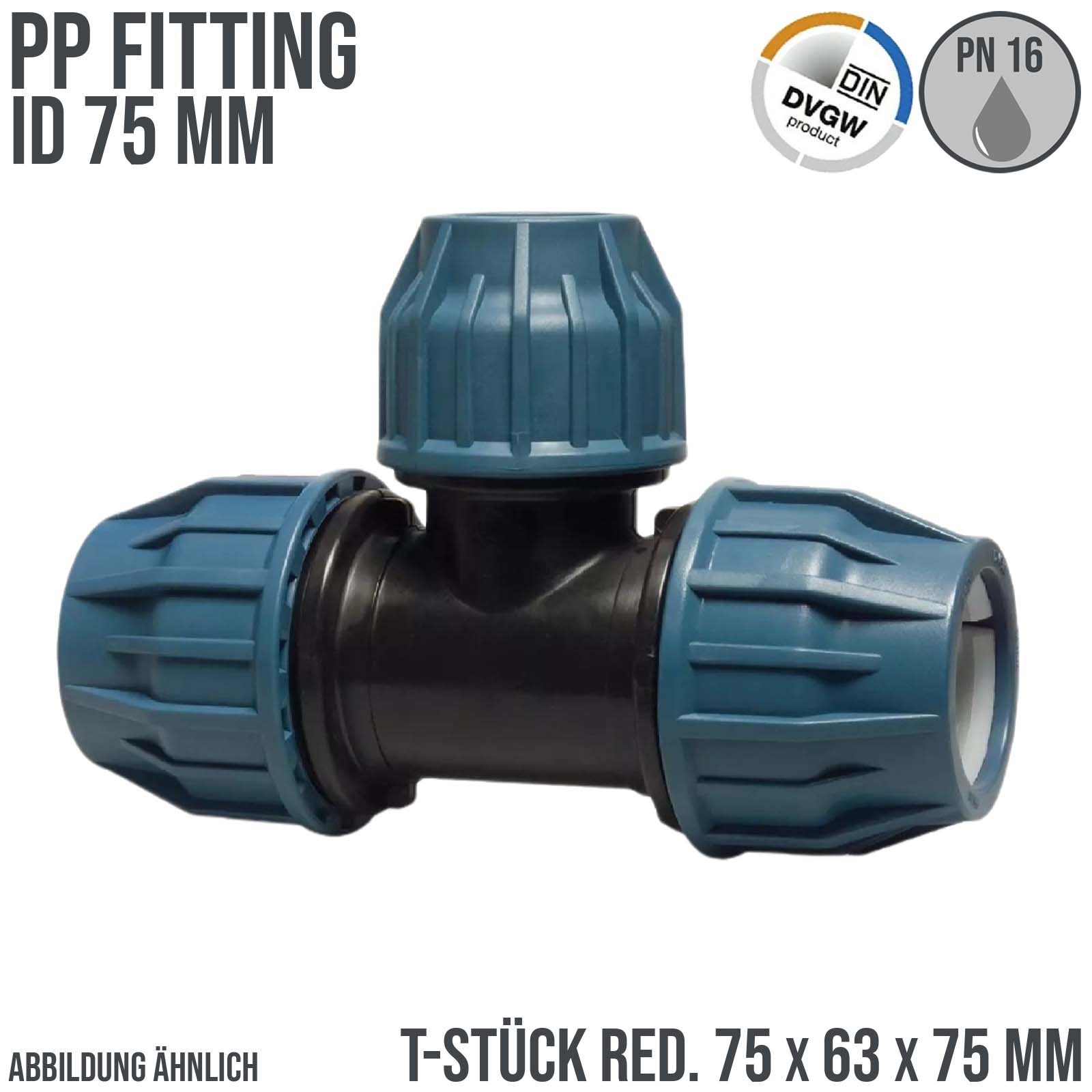 75 x 63 x 75 mm PE PP Fitting Klemm Verbinder Verschraubung Muffe reduziert T-Stück 90° DVGW - PN 16 bar