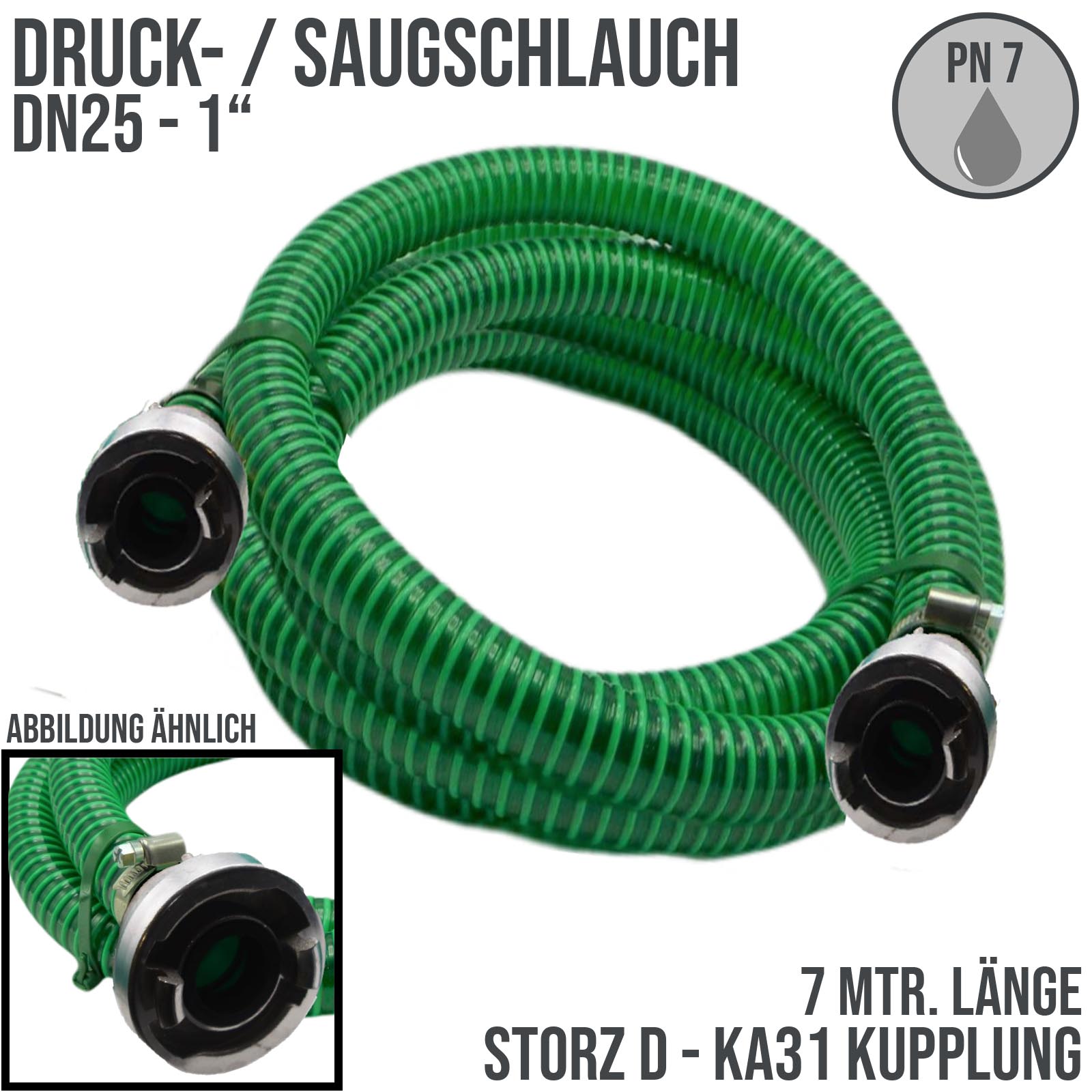 STORZ D DN25 KA31 - 25 mm 1" PVC Saug Ansaug Pumpen Spiral Schlauch PN 5 bar grün - 7 m Rolle