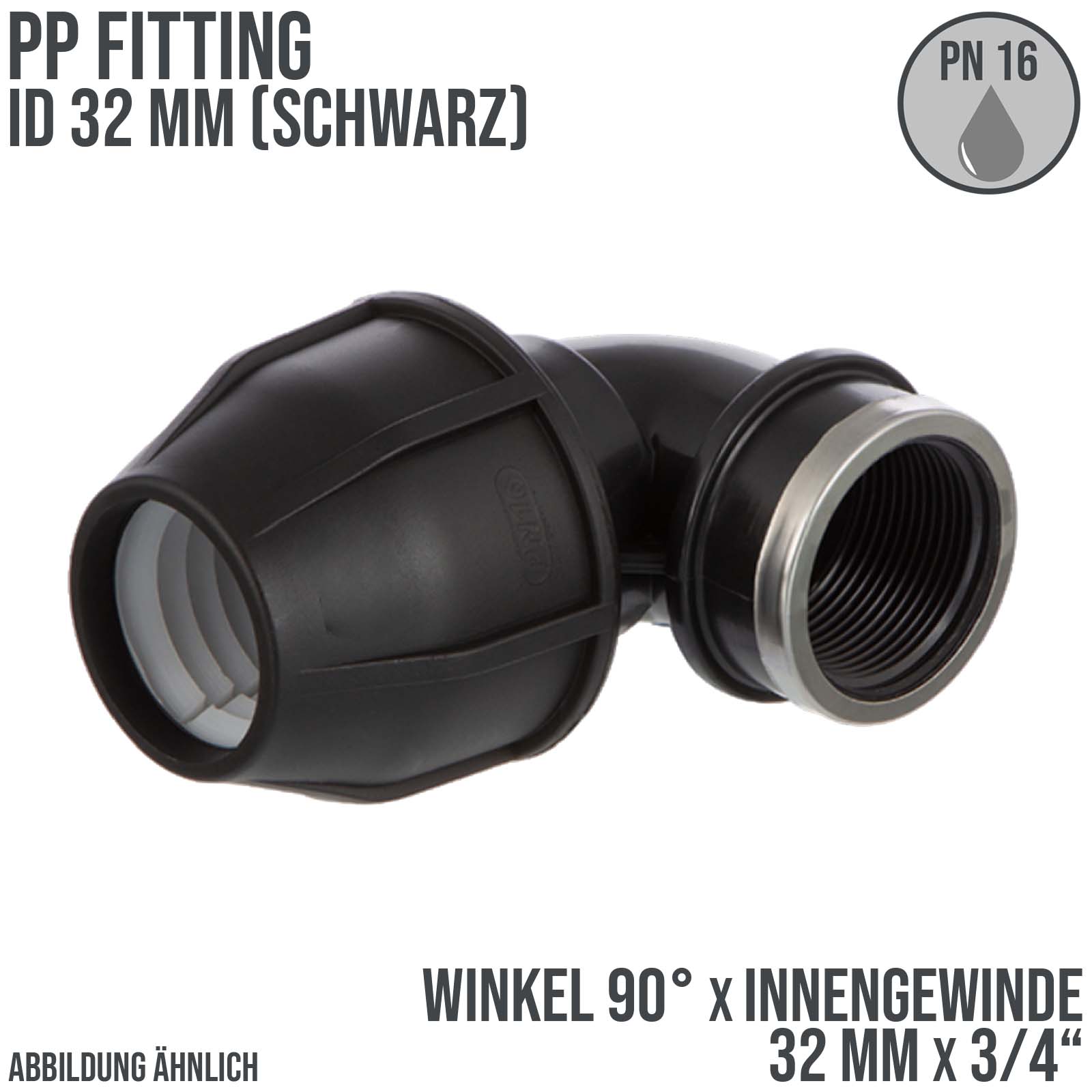 32 mm x 3/4" PE PP Fitting Klemm Verbinder Verschraubung Rohr Winkel 90° x IG schwarz - PN 16 bar 