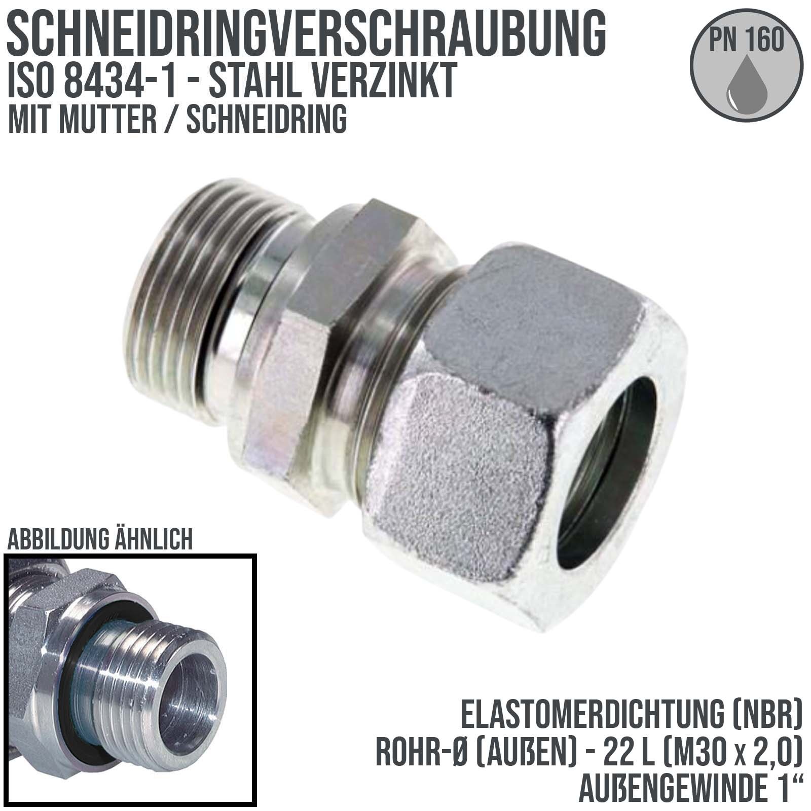 1" AG 22 L Schneidring Verschraubung Außengewinde M 30 x 2,0 Stahl verzinkt Elastomer Dichtung NBR - PN 160 bar