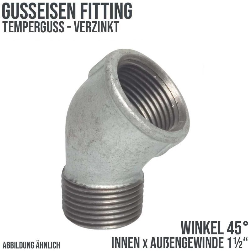 1 1/2" Gusseisen Temperguss Fitting Nr. 121 Winkel 45° Innen x Außengewinde IG x AG DVGW PN 25 bar