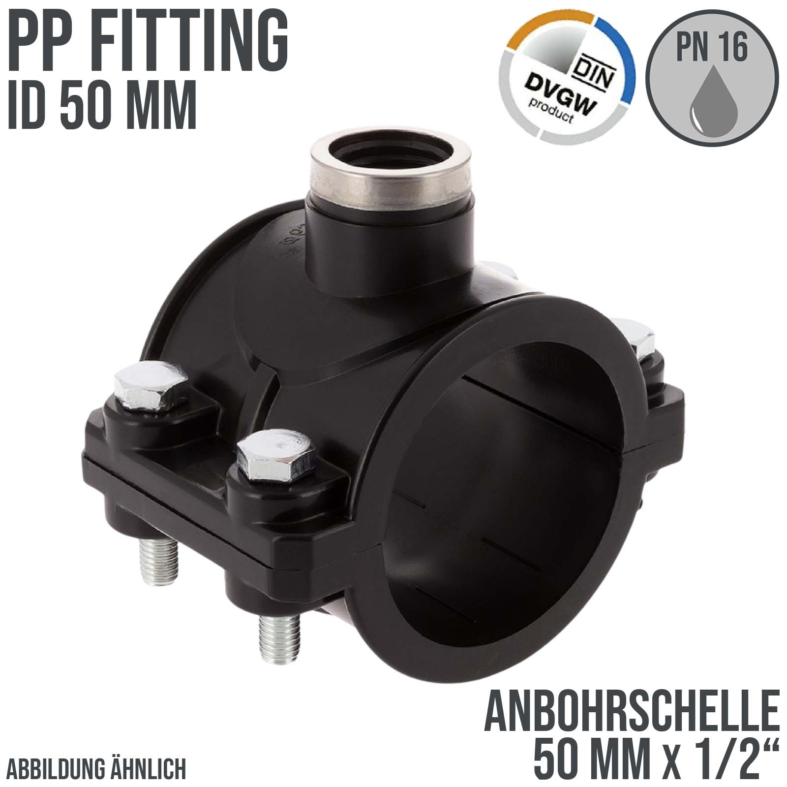 50 mm x 1/2" PP PE Anbohr Abzweig Schelle Klemmschale x Innengewinde DVGW [PN16]