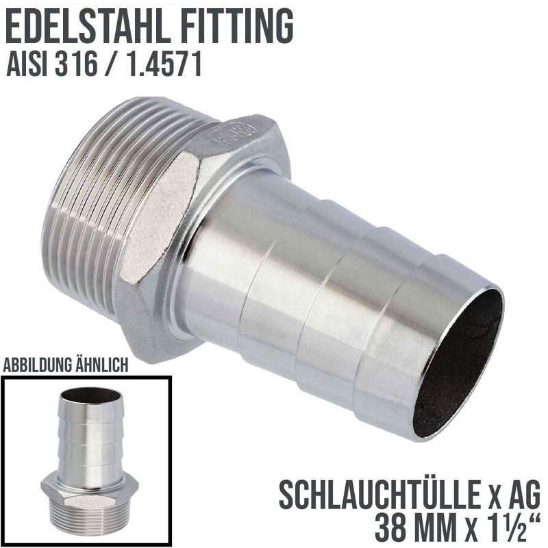 38 mm x 1 1/4" Zoll Schlauch Tülle Stutzen Außengewinde AG Nippel Edelstahl AISI 316 VA  Fitting - PN 20 bar
