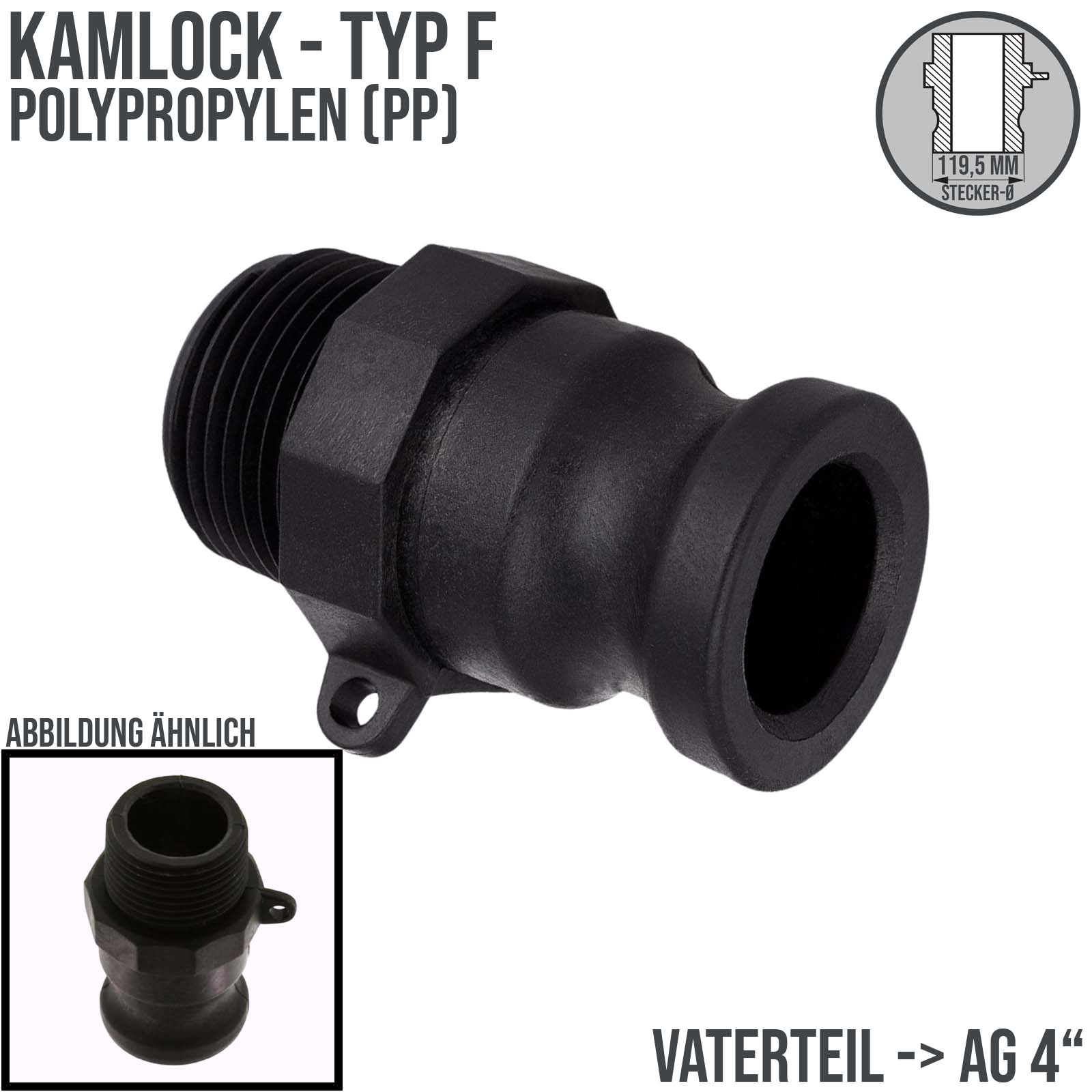 Kamlock Typ F (PP) Vaterteil - 119,5 mm Stecker mit Außengewinde (AG) 4" Zoll DN 100  - 5,0 bar