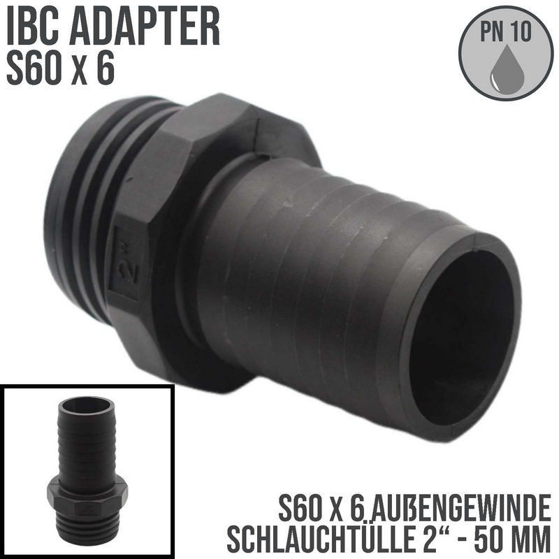 S60 x 6 IBC Adapter (AG) auf Tülle Stutzen drehbar 2" (50 mm) Container Fass Tank Zubehör PN 10 bar
