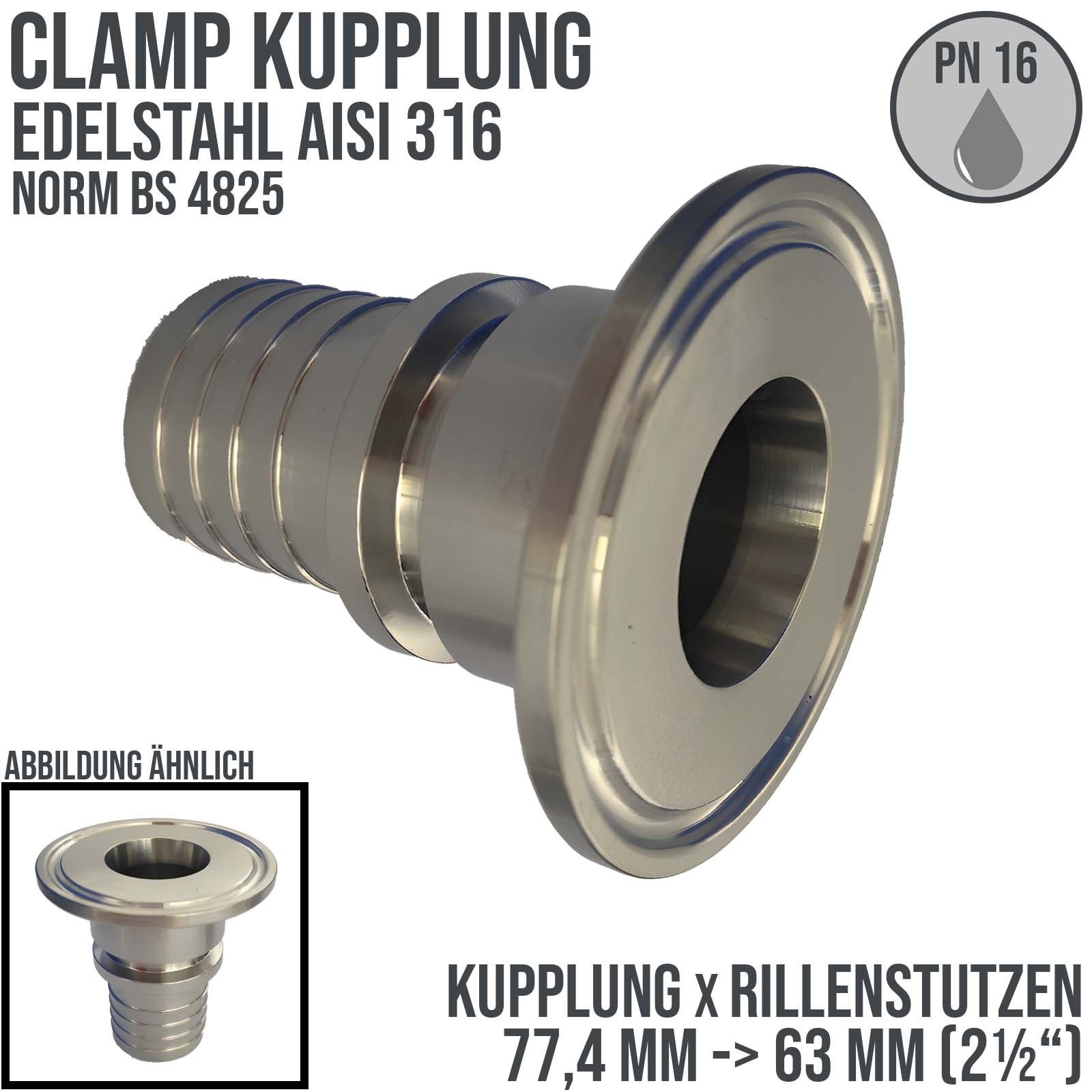 CLAMP Kupplung 77,4 mm Schlauch Stutzen Rillen Tülle 63 mm 2 1/2" Norm BS 4825 - PN 16 bar