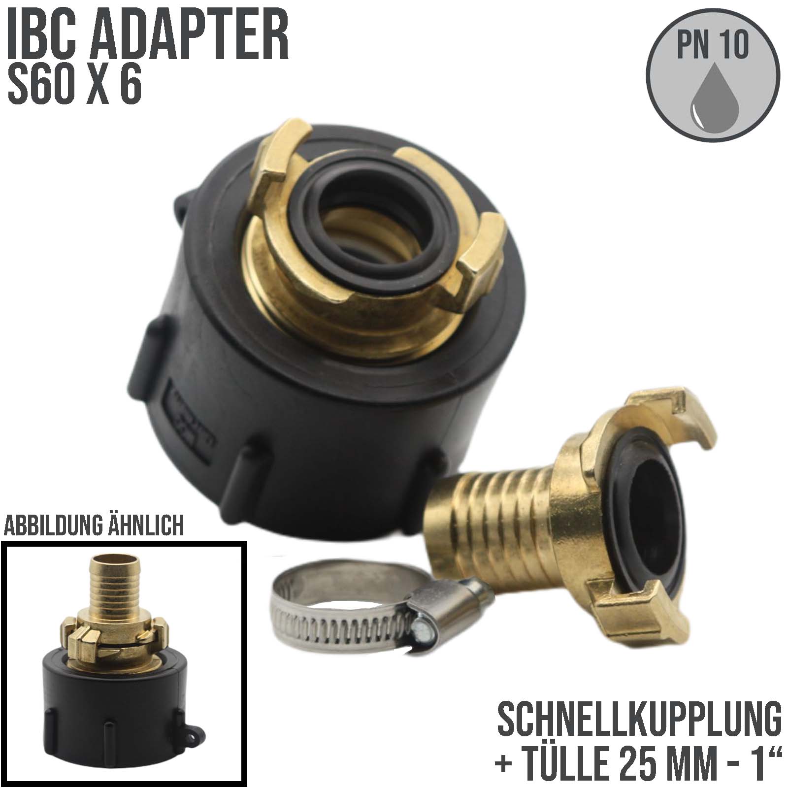 S60 x 6 IBC Adapter auf Schnellanschluss + Kupplung 1" 25 mm Container Tank Zubehör (GEKA kompatibel) 