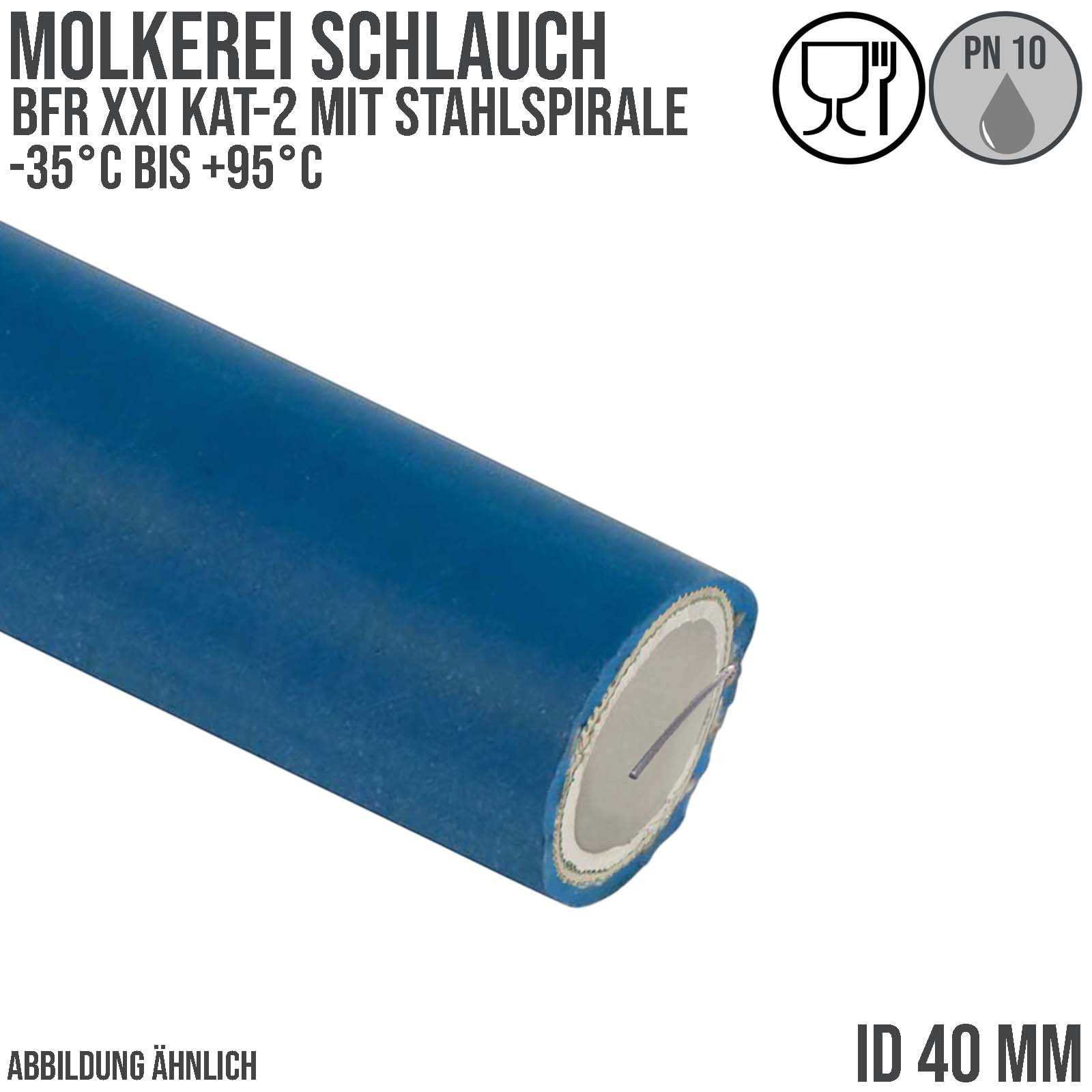 40 mm Molkerei Milch Lebensmittel Schlauch Stahlspirale BfR FDA NBR NVC blau weiß - PN 10 bar - 40 m Rolle