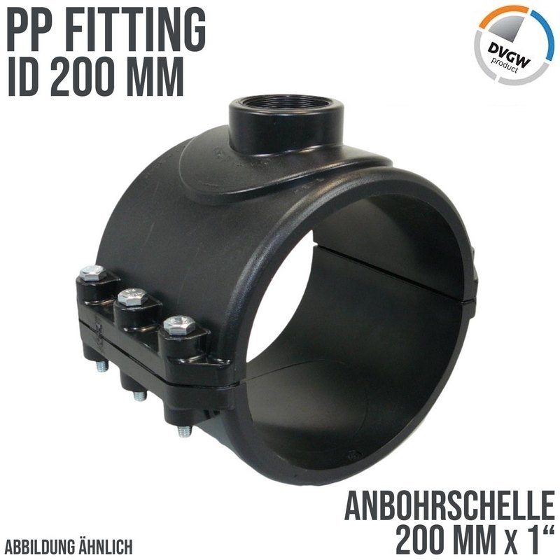 200 mm x 1" PP PE Anbohr Abzweig Schelle Klemmschale x Innengewinde DVGW [PN6]