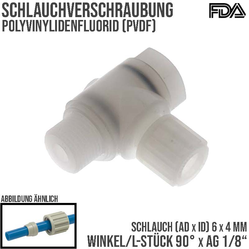 6 x 4 mm x 1/8" Winkel 90° Kupplung Aussengewinde PVDF Verschraubung PA PP Schlauch FDA drehbar - PN 10 bar