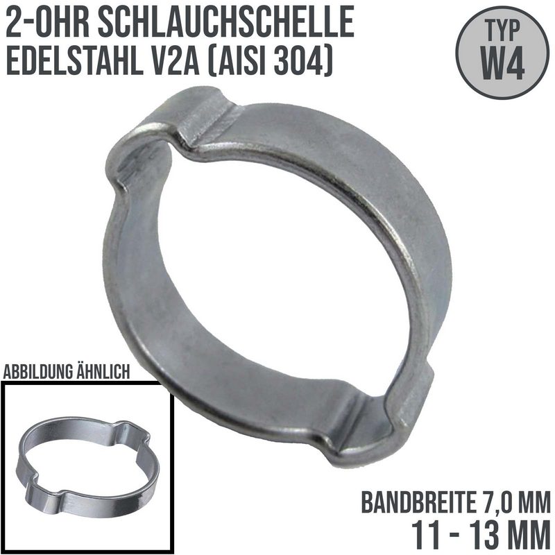 11 - 13 mm 2-Ohr Doppel Schlauch Schelle Edelstahl 1.4307 W4 - Bandbr. 7,0 mm