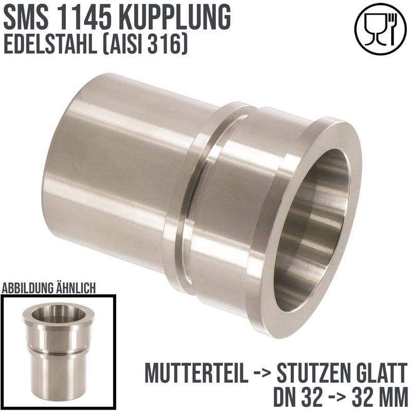DN 32 SMS Kupplung 1145 Mutterteil MT Außengewinde Sicherungsbund - Stutzen glatt 32 mm - PN 25 bar