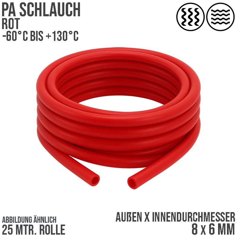 8 x 6 mm Polyamid PA Pneumatik Schlauch rot - PN 19 bar - 25 m