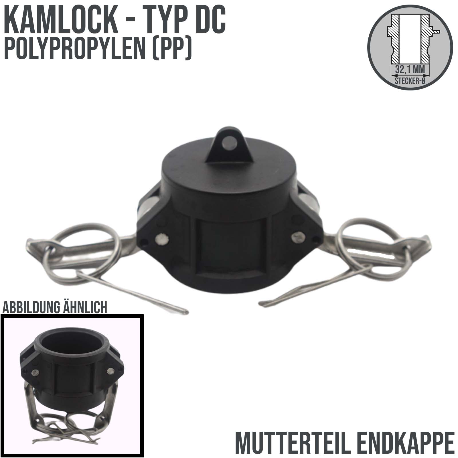 Kamlock Typ DC - End Kappe Polypropylen (PP) Stopfen Verschluss 32,1 mm 3/4" Zoll DN19 DN20 - PN 8,5 bar