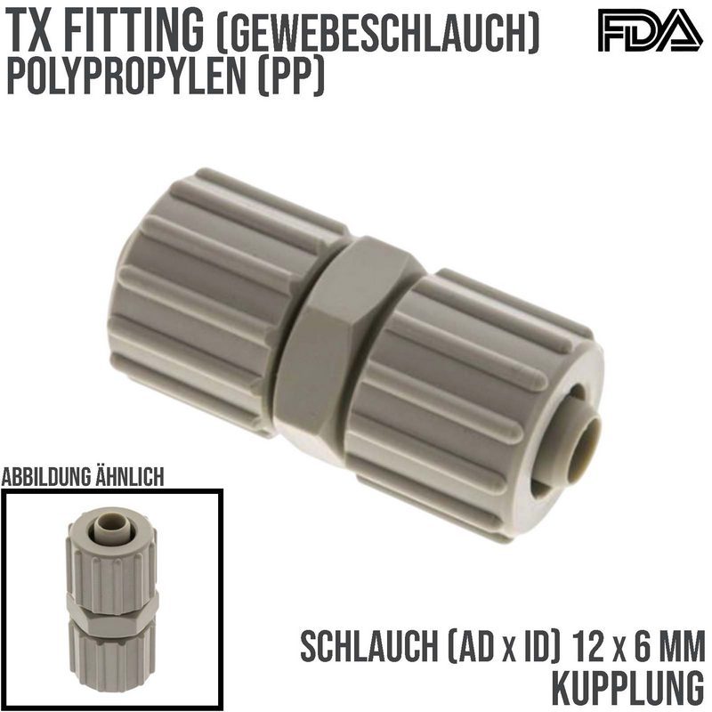 12 x 6 mm Kupplung TX Fitting Gewebe Schlauch Verbinder FDA PP beige - PN 10 bar