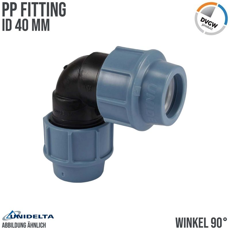 40 mm PE PP Fitting Klemm Verbinder Verschraubung Muffe Rohr Winkel 90° DVGW - Unidelta