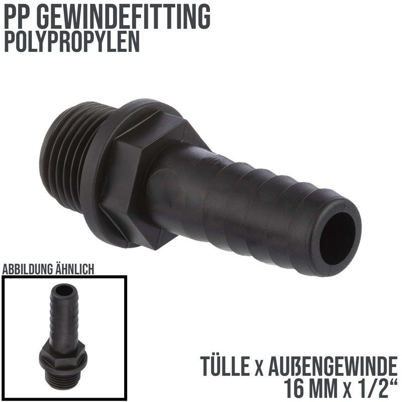 16 mm x 1/2 " PP Gewinde Fitting Schlauch Tülle Stutzen Außengewinde AG - PN 6 bar