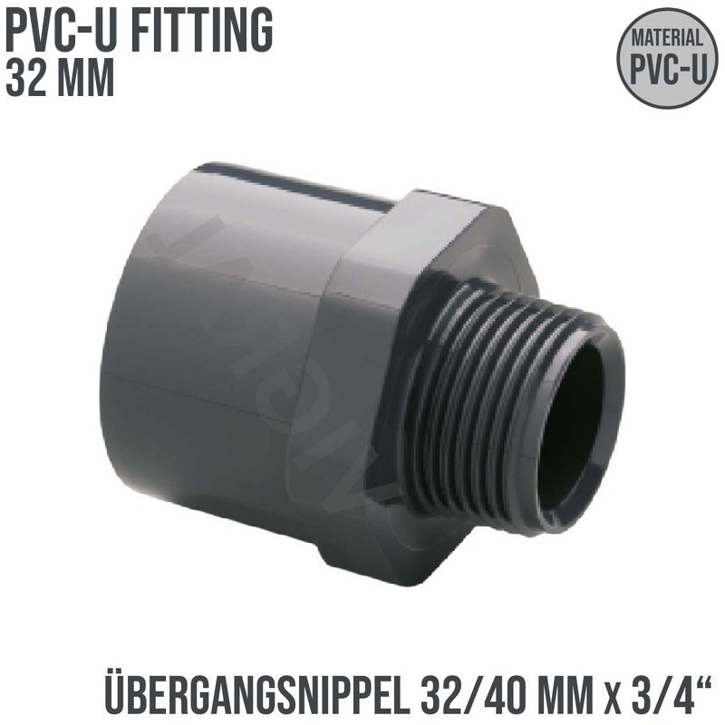 32 mm PVC Klebe Fitting Übergangsnippel Sechs-/Achtkant 32/40 mm x 3/4" Muffe Verbinder - PN 10 bar
